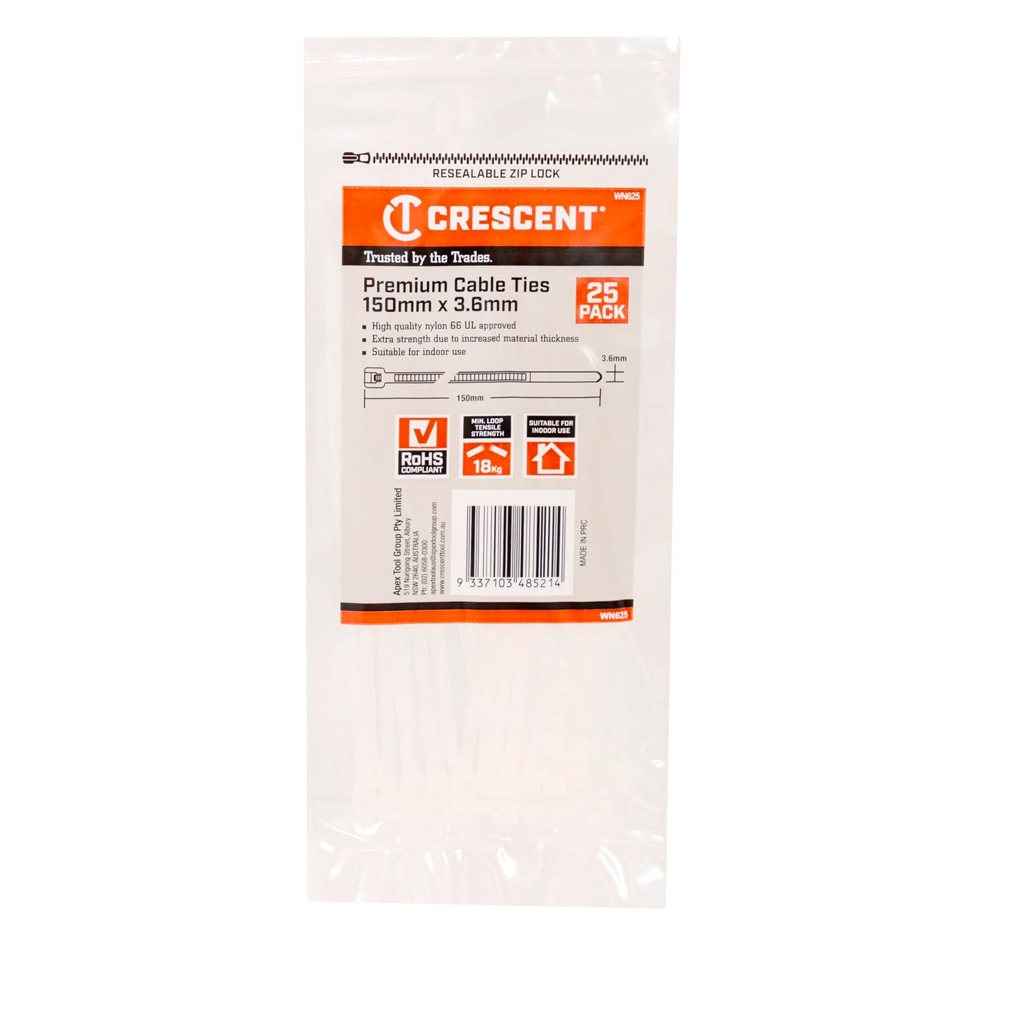 Crescent Natural Cable Ties - 150 x 3.6mm - 25 Pack
