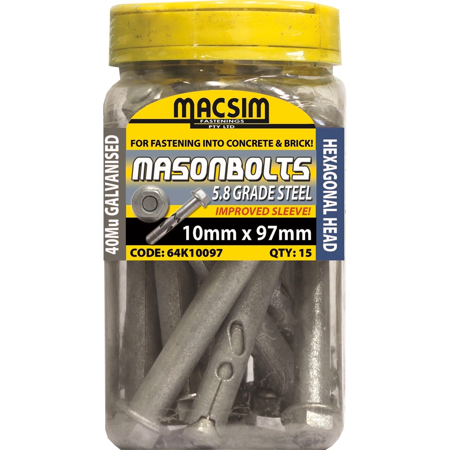 Macsim Fasteners - 10 x 97mm Galvanised Sleeve Anchor - 15 Pack