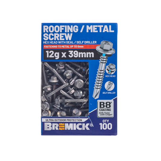 Bremick Hex Roofing Screw - 12g x 39mm - B8 - 100 Pack