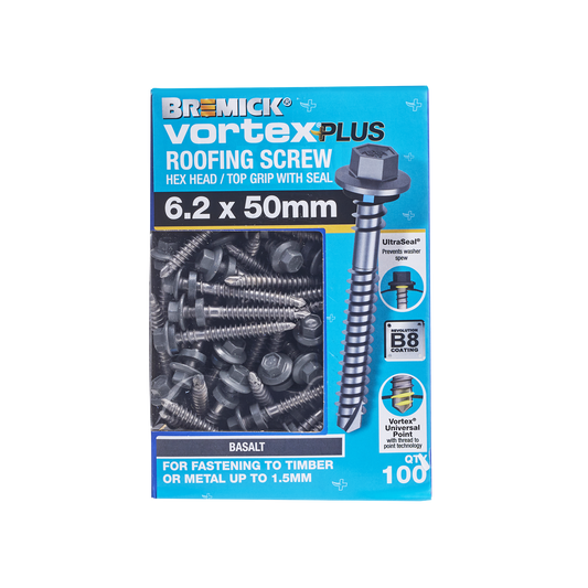 Bremick Vortex Plus Roofing Screw - 6.2 x 50mm - Hex - 100 Pack