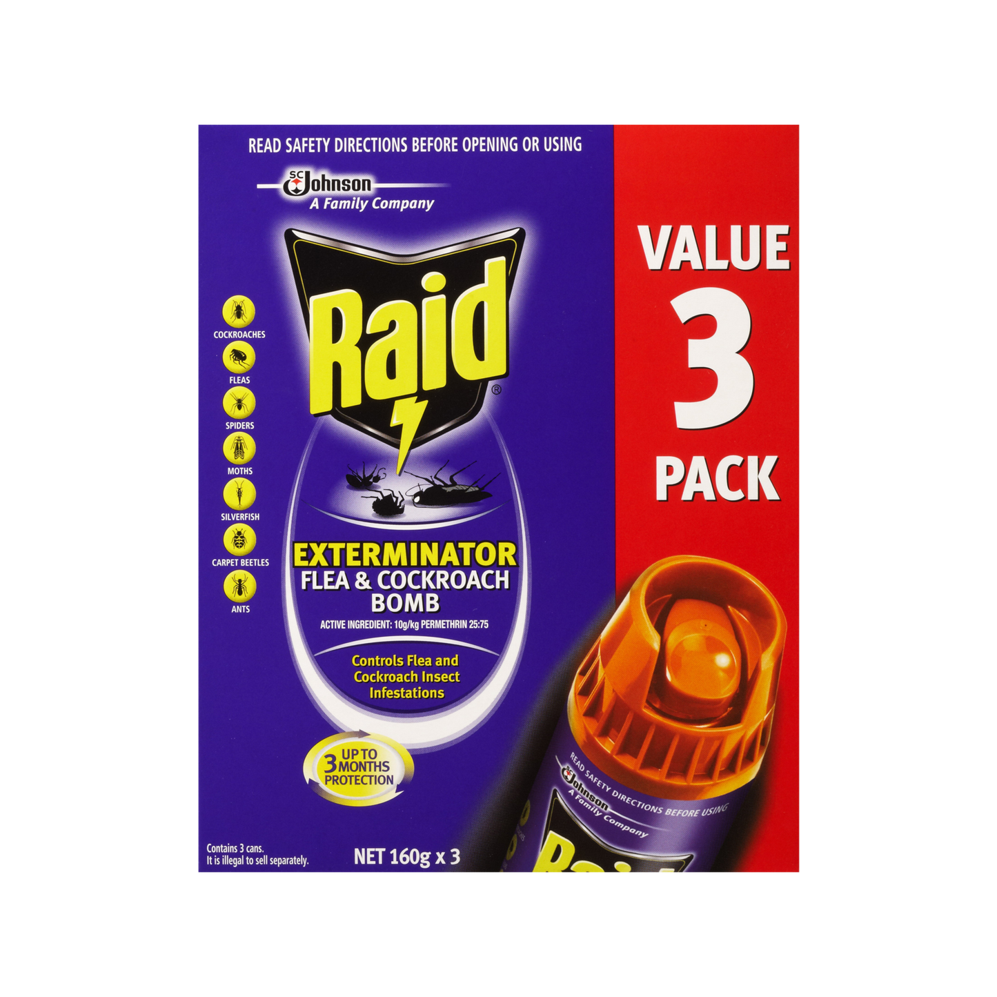 Raid Exterminator Flea and Cockroach Bomb - 160g x 3 Pack