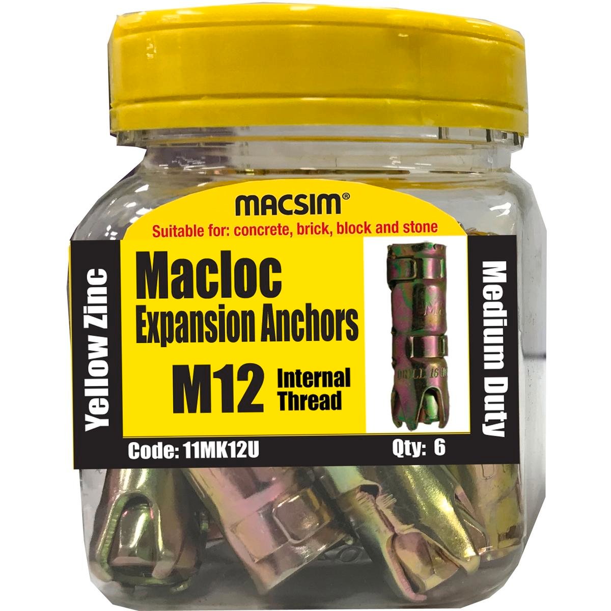 Macsim M12 Medium Duty Macloc Expansion Anchors 6 Pack - Yellow Zinc - 65mm x 65mm x 80mm
