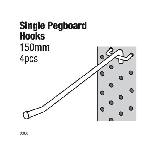 Everhang 150mm Single Hooks Pegboard 4 Pack - Silver - 5mm
