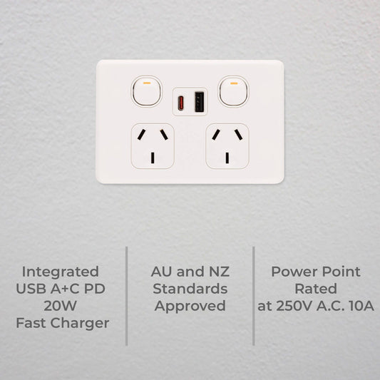 Deta S Line Double Power Point with USB A+C - 45 x 74 x 115mm