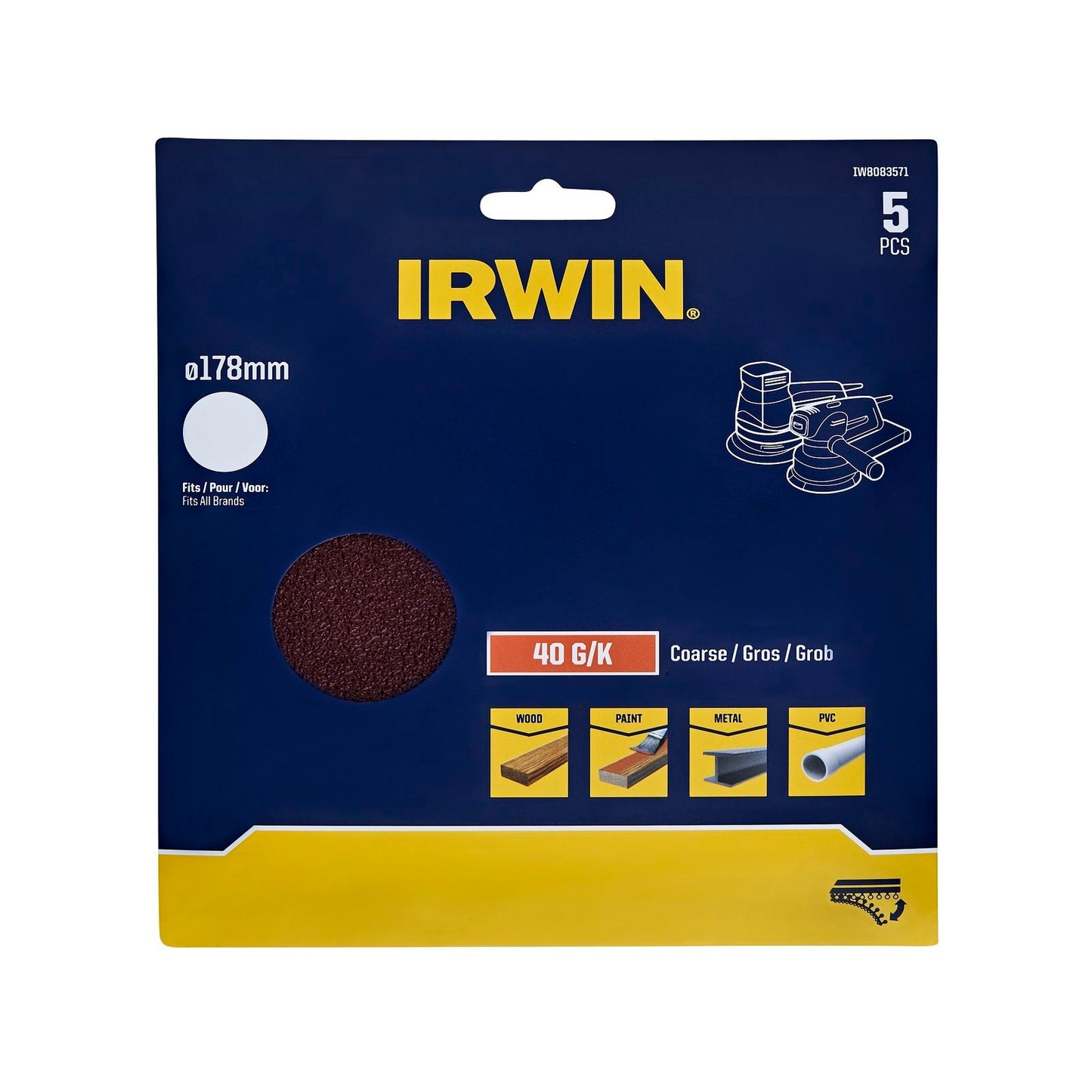 Irwin Quick Fit Random Orbital Sanding Disc - 178mm - 40 Grit - 5 Pack