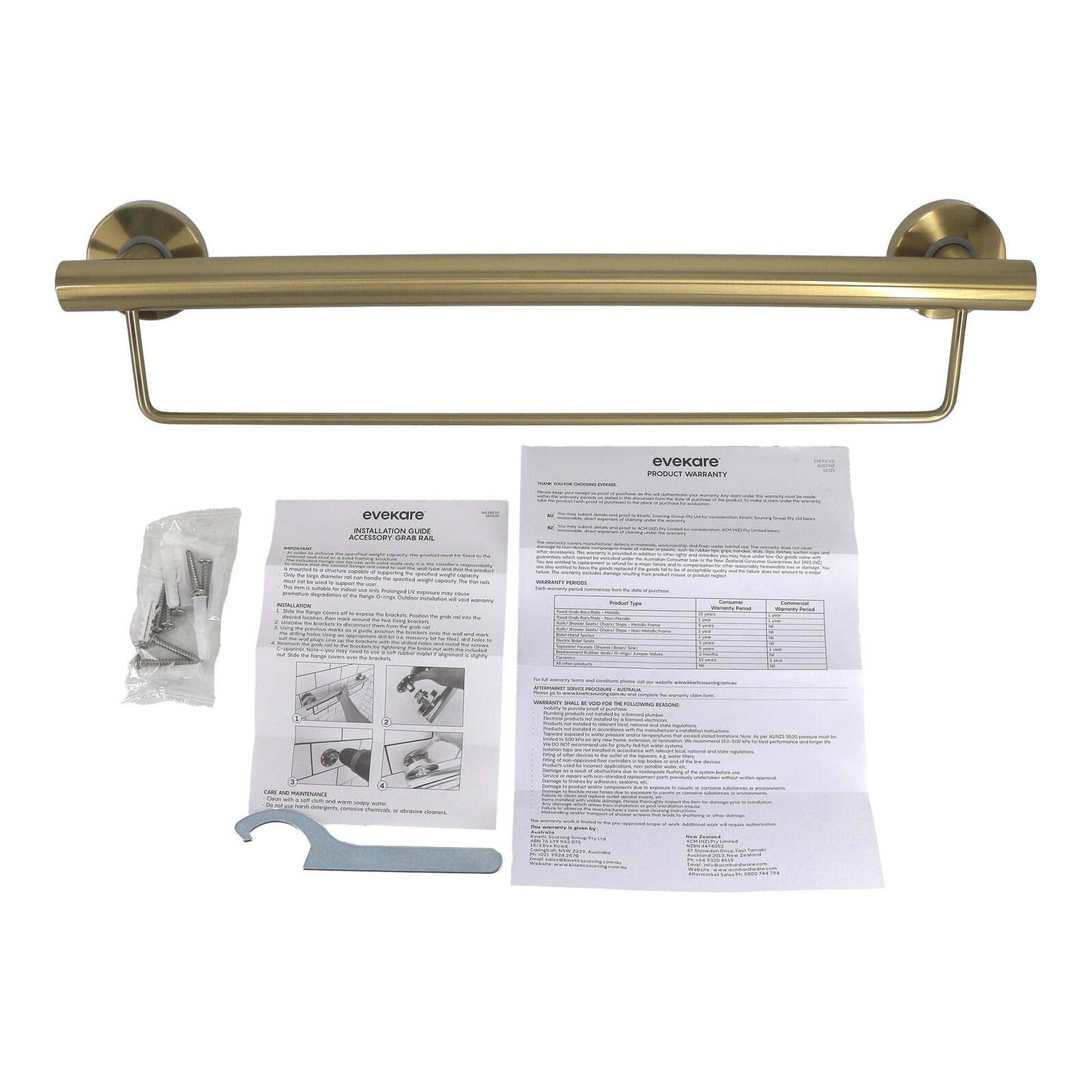 Evekare Towel Rail with Grab Rail - 600mm - Brushed Brass