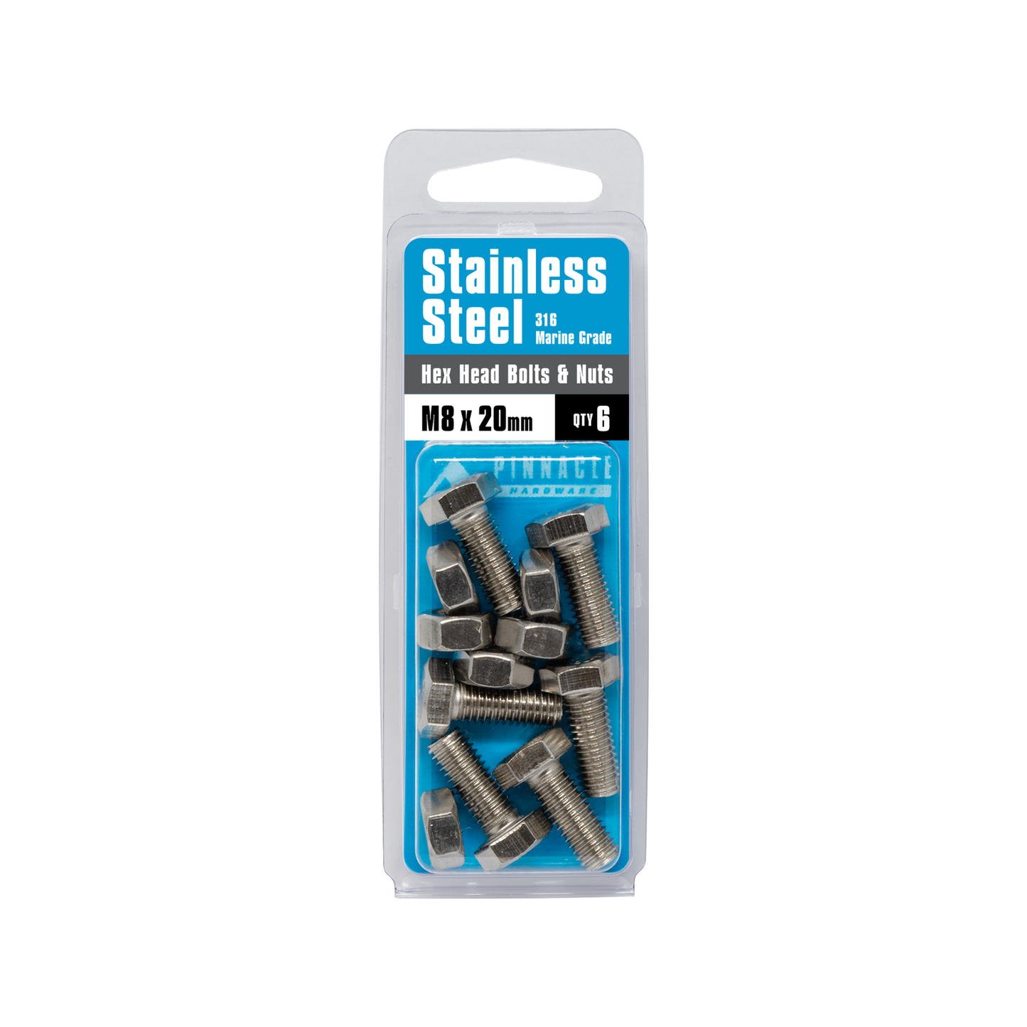 Pinnacle Hex Head Bolts and Nuts - M8 x 20mm - Stainless Steel - 6 Pack