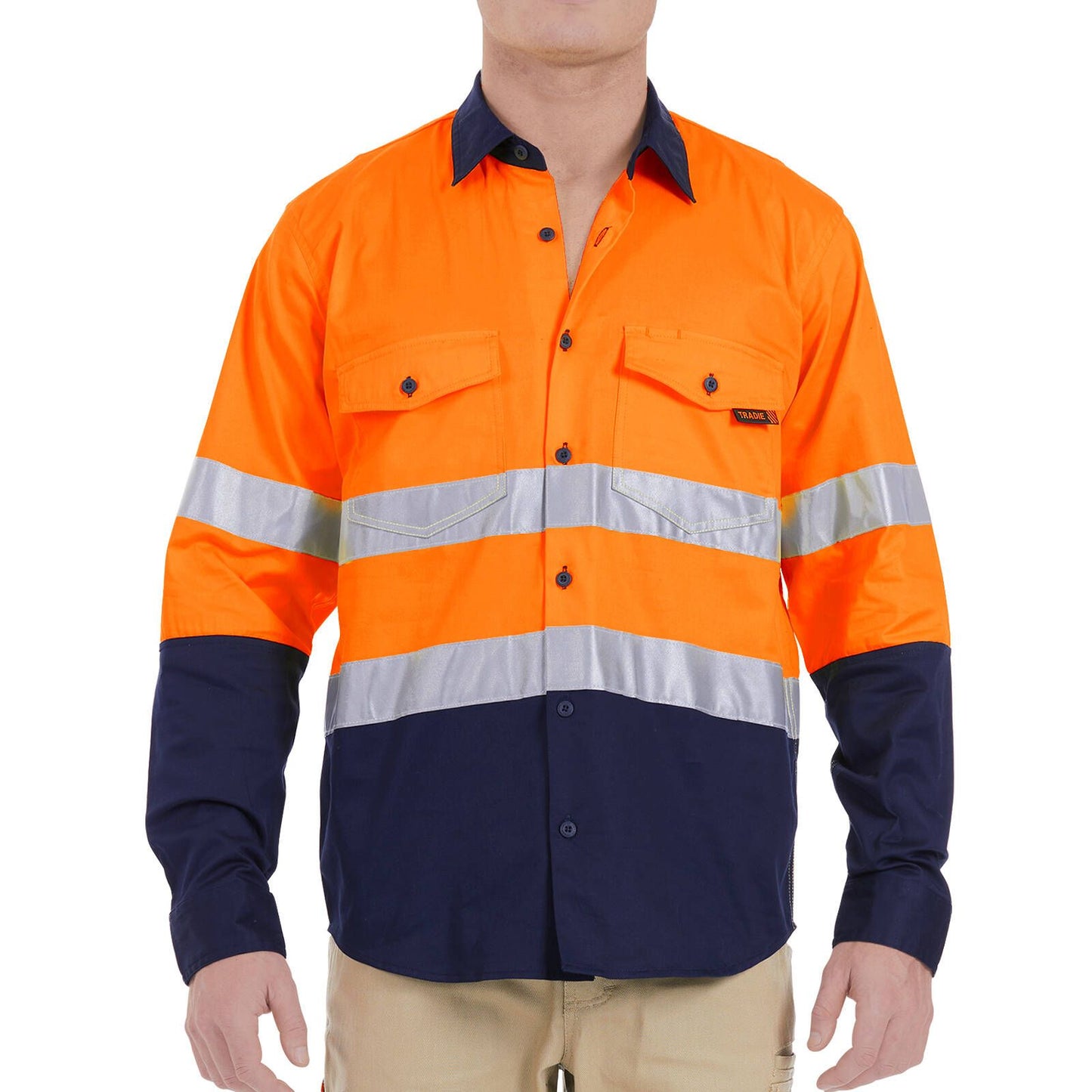 Tradie Large Hi Vis Orange Mens Reflective Long Sleeve Shirt