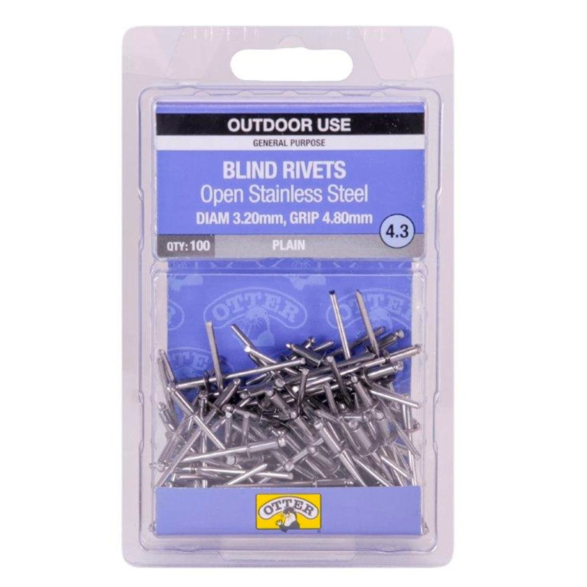 Otter Open Stainless Steel Blind Rivets 8mm 100 Pack Corrosion Resistant
