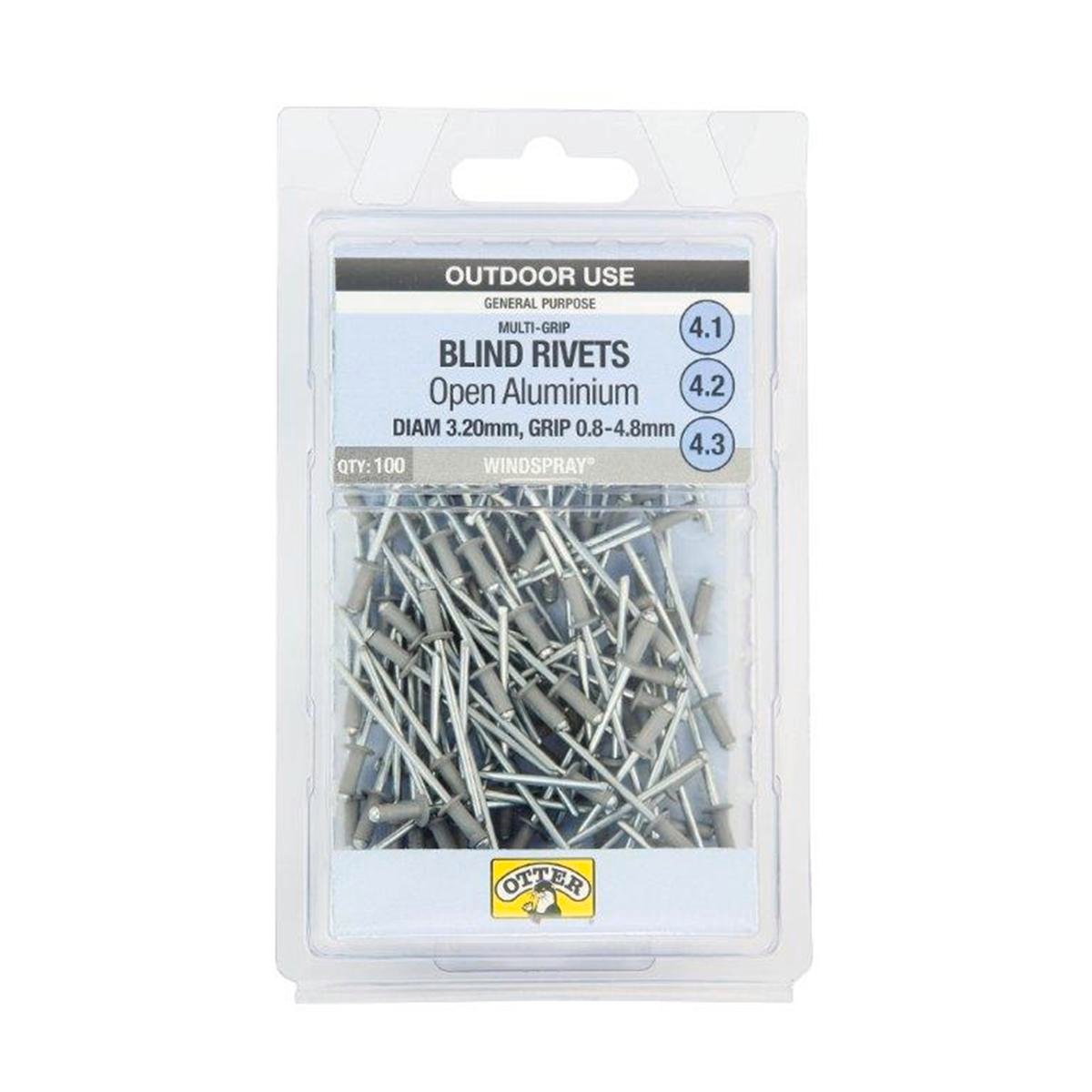 Otter Multi Grip Open Aluminium Blind Rivets 3.2 x 0.8-4.8mm 100 Pack - Wind Spray