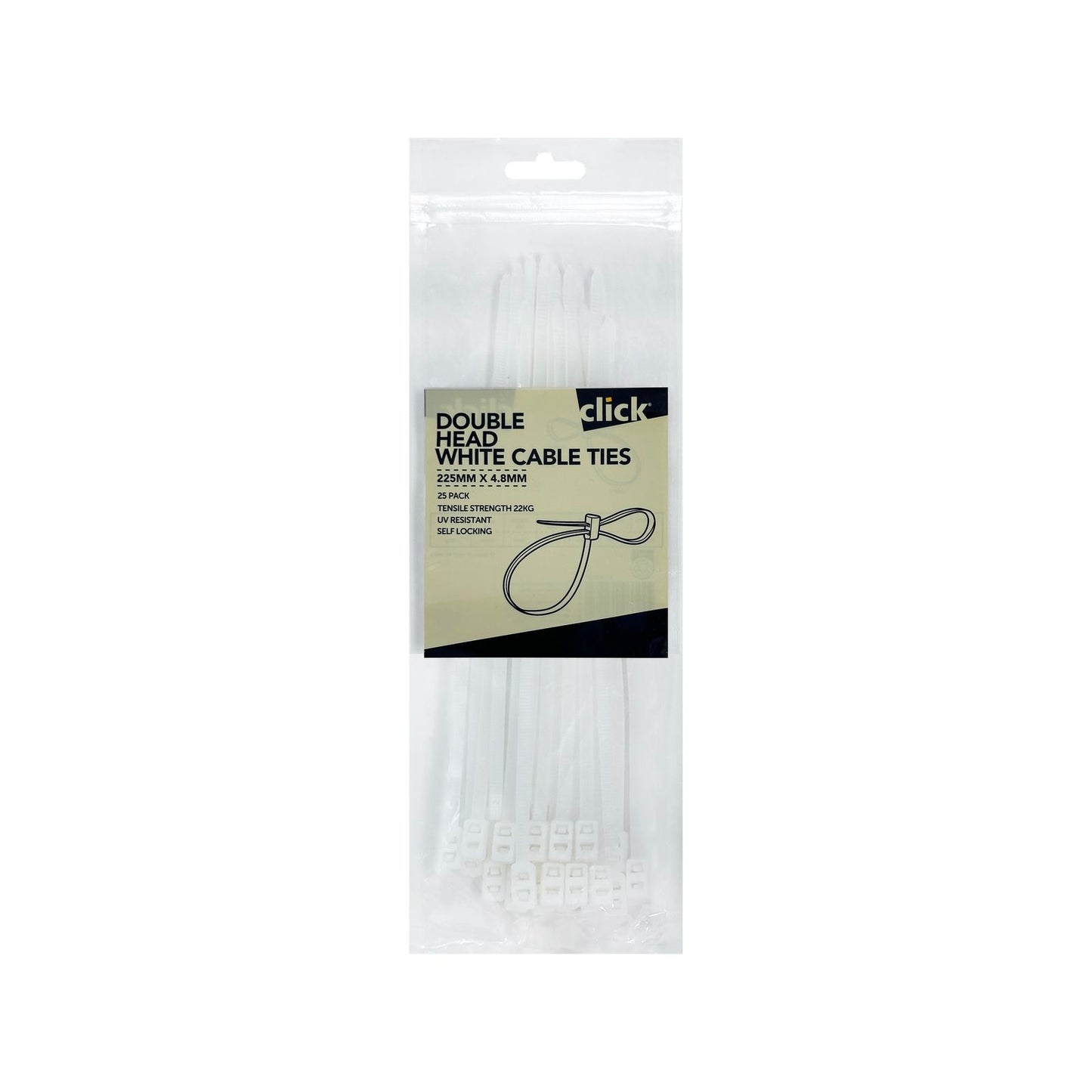 Click Double Headed Cable Tie - 225mm - 25 Pack - White