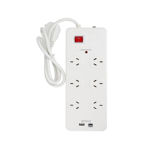 Click Power Board with USB Charger - 6 Outlet, 1m