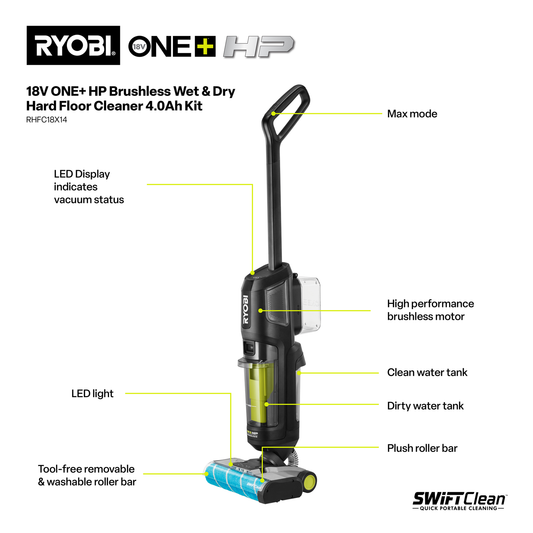 Ryobi ONE+ HP Brushless Wet and Dry Hard Floor Cleaner Kit 4.0Ah