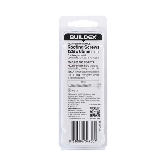 Buildex Roofing Teks Screws - 12g x 65mm - Class 3 - 6 Pack