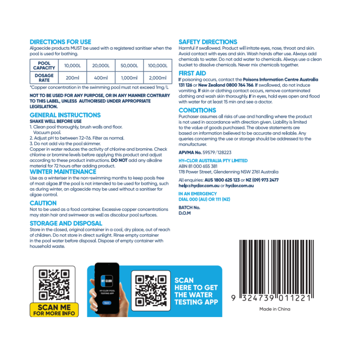 Hy Clor Pool Algaecide - 1L - Cupric Ammonium - Long Lasting Protection