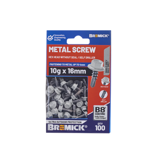 Bremick Metal Hex Screw - 10g x 16mm - Shale Grey - 100 Pack