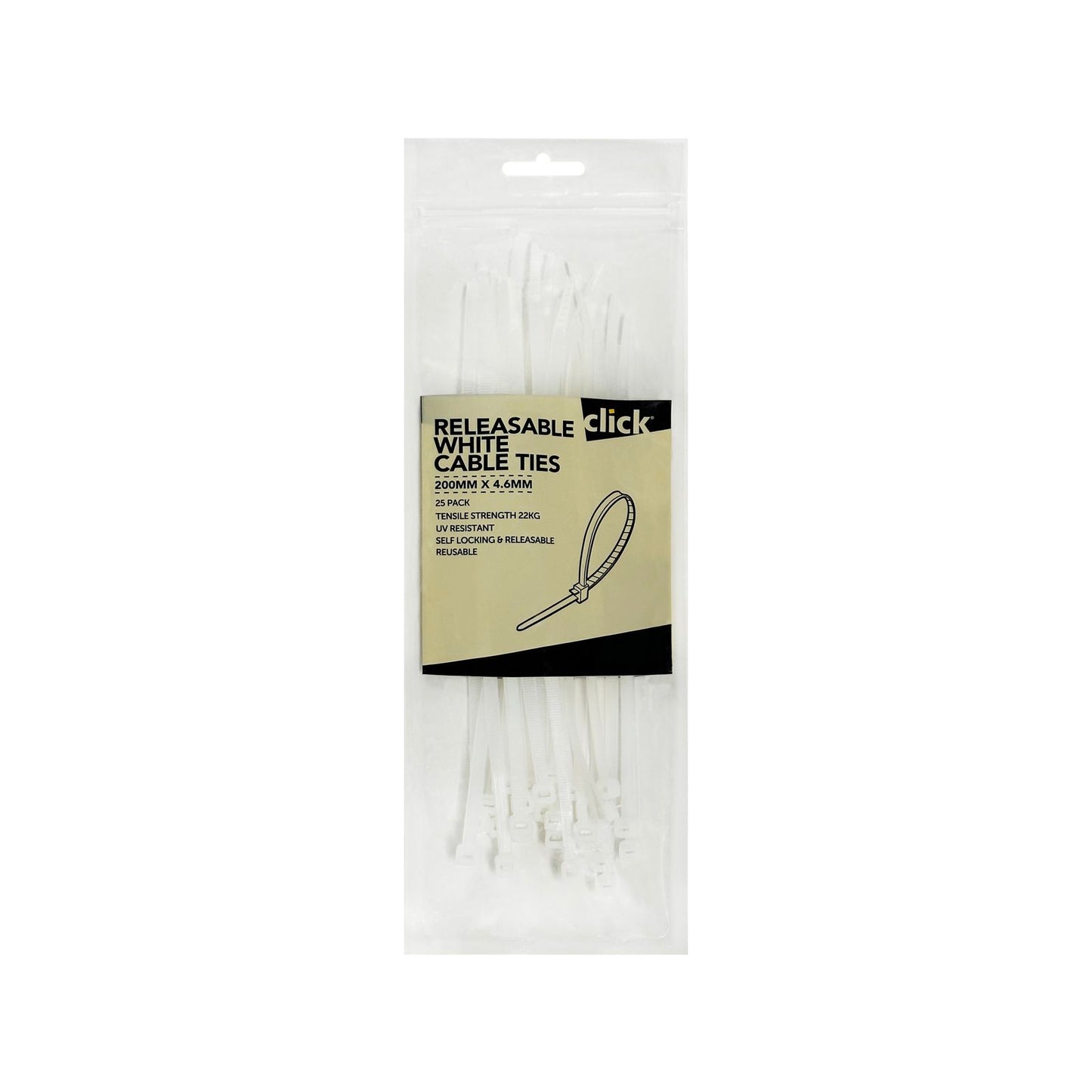 Click Releasable Cable Tie - 200mm - 25 Pack - White