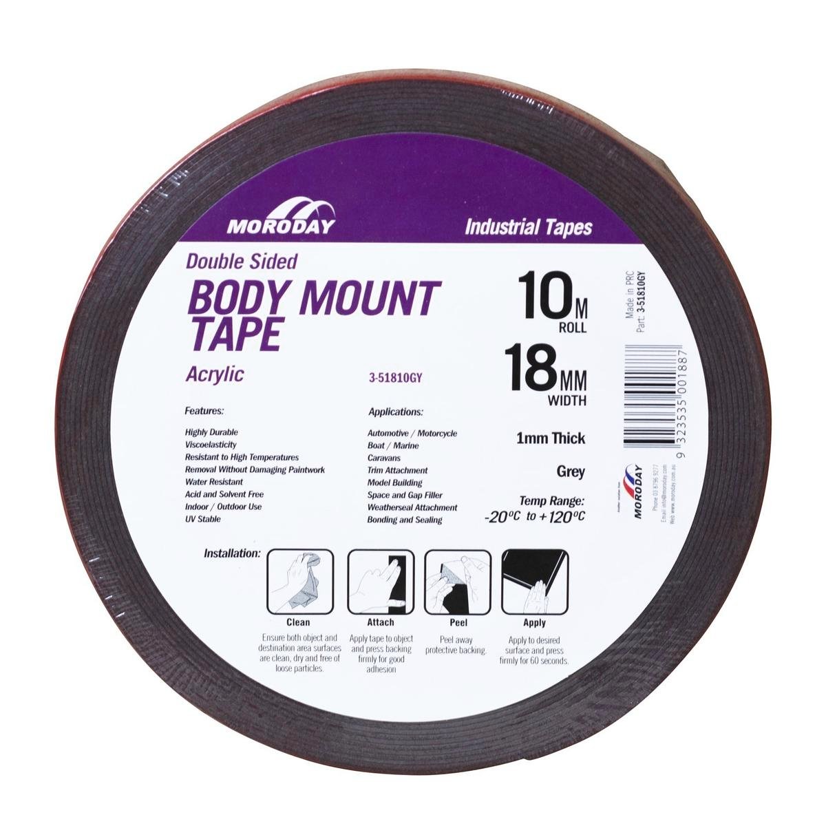 Moroday Double Sided Body Mount Tape - 18mm x 10m - Acrylic - Weather Resistant