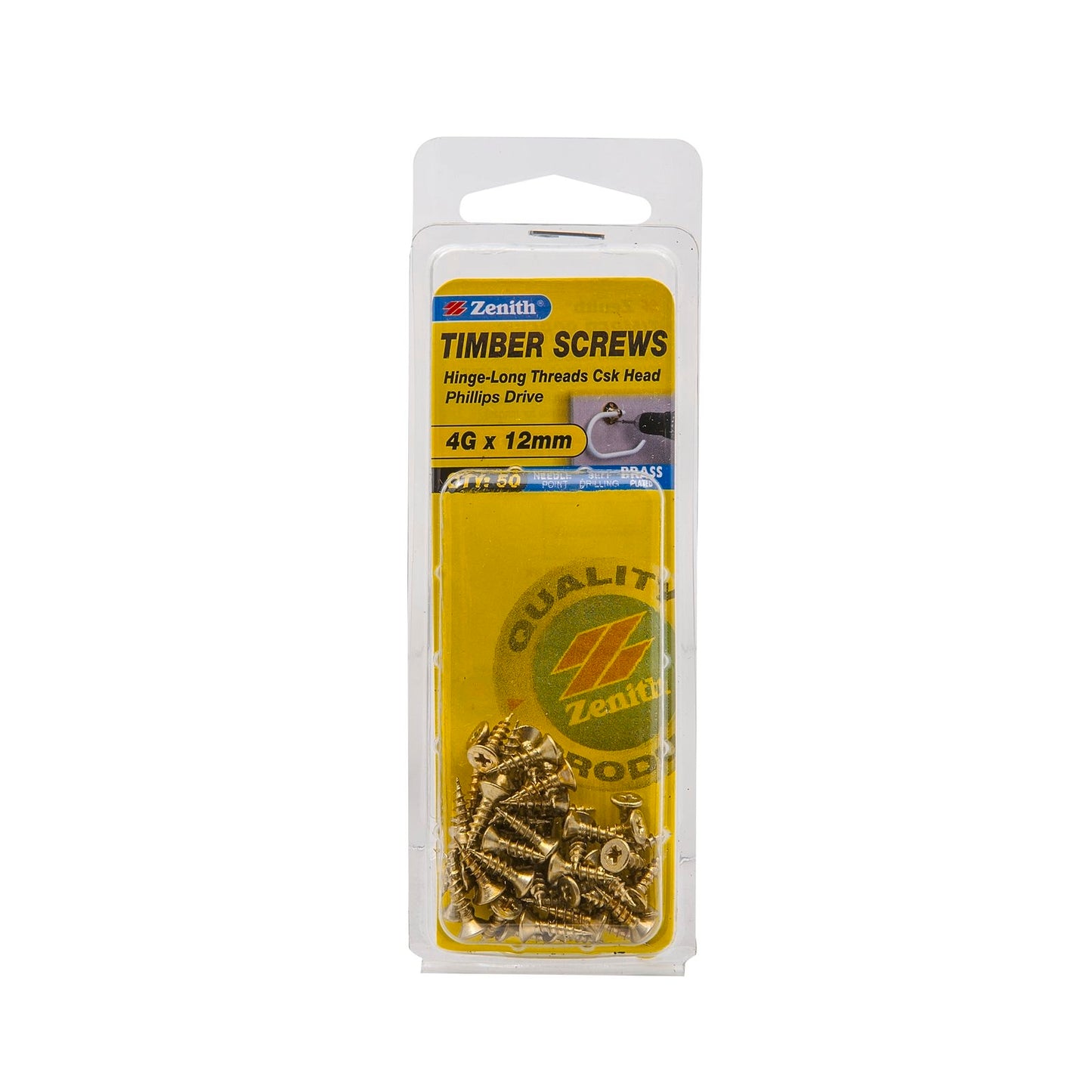 Zenith Hinge Long Thread Screws - 4g x 12mm - Brass - 50 Pack