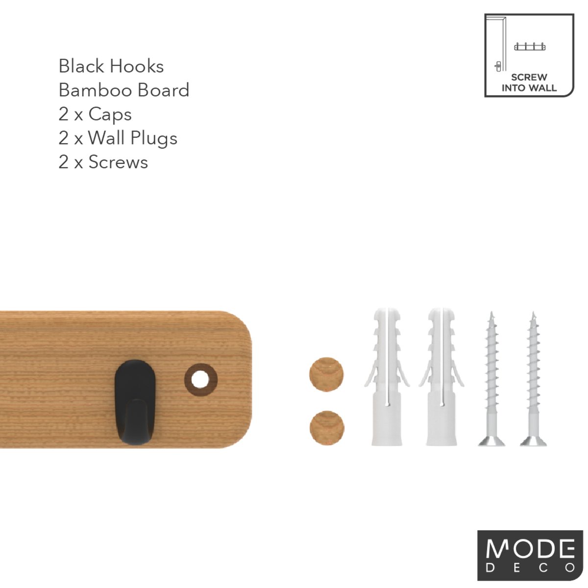 Mode Key Rack - 4 Black Hooks - Bamboo Board - Durable - Easy Install