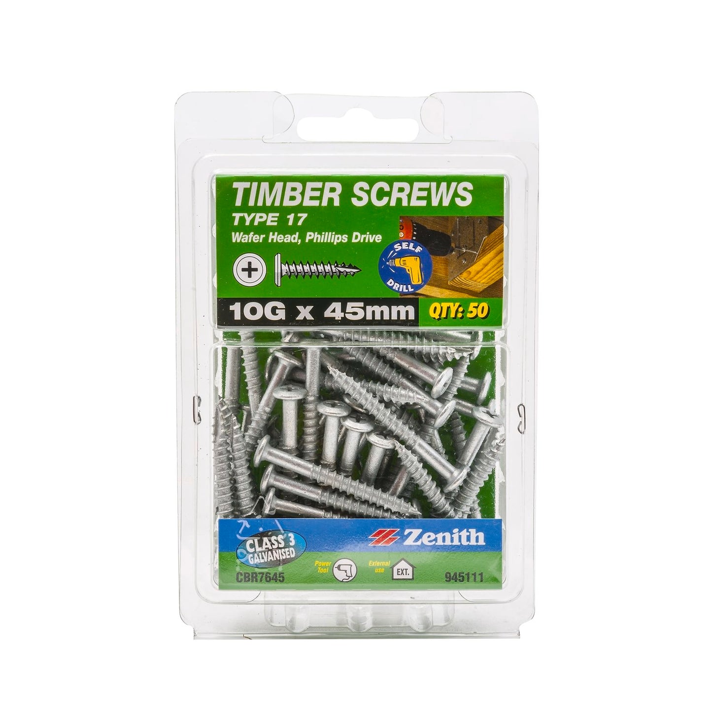 Zenith Timber Screws - 10g x 45mm - Galvanised Wafer Head - 50 Pack