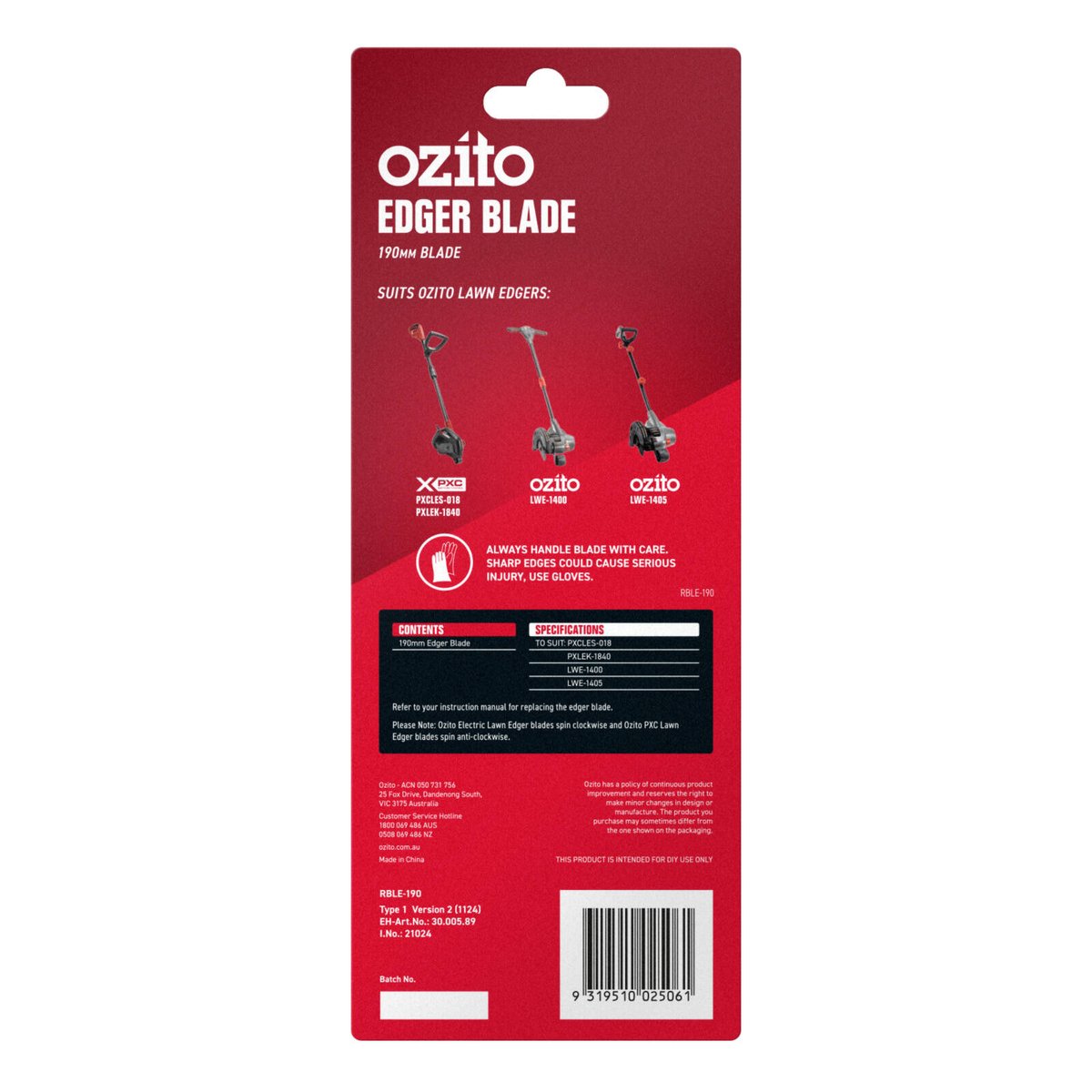 Ozito Pxc Replacement Lawn Edger Blade - 190mm - Black - RBLE-190