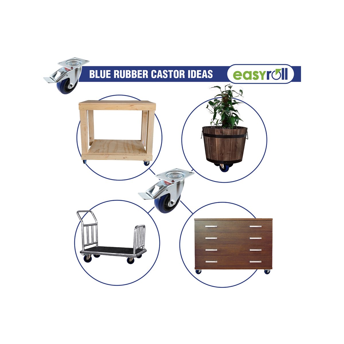 Easyroll Fixed Castor - 100mm - Blue Elastic Rubber - Non-Marking