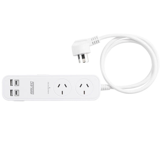Arlec 2 Outlet Portable Powerboard White PBHB2AC-30W - PD30W Rapid Charging USB 2xA & 2xC