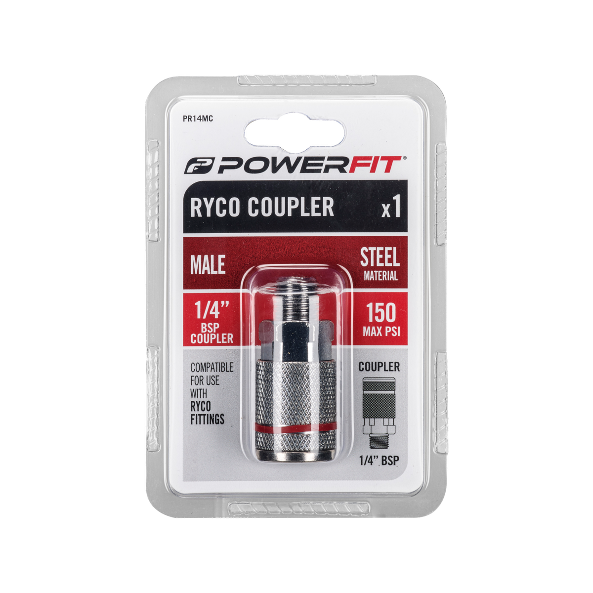 Powerfit Male Coupler - 1/4" BSP - Steel - Ryco Style