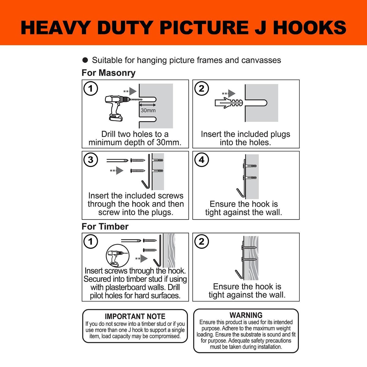 Everhang Picture Hanging J Hook - 47mm x 21mm x 120mm - Steel - Heavy Duty - 4 Pack