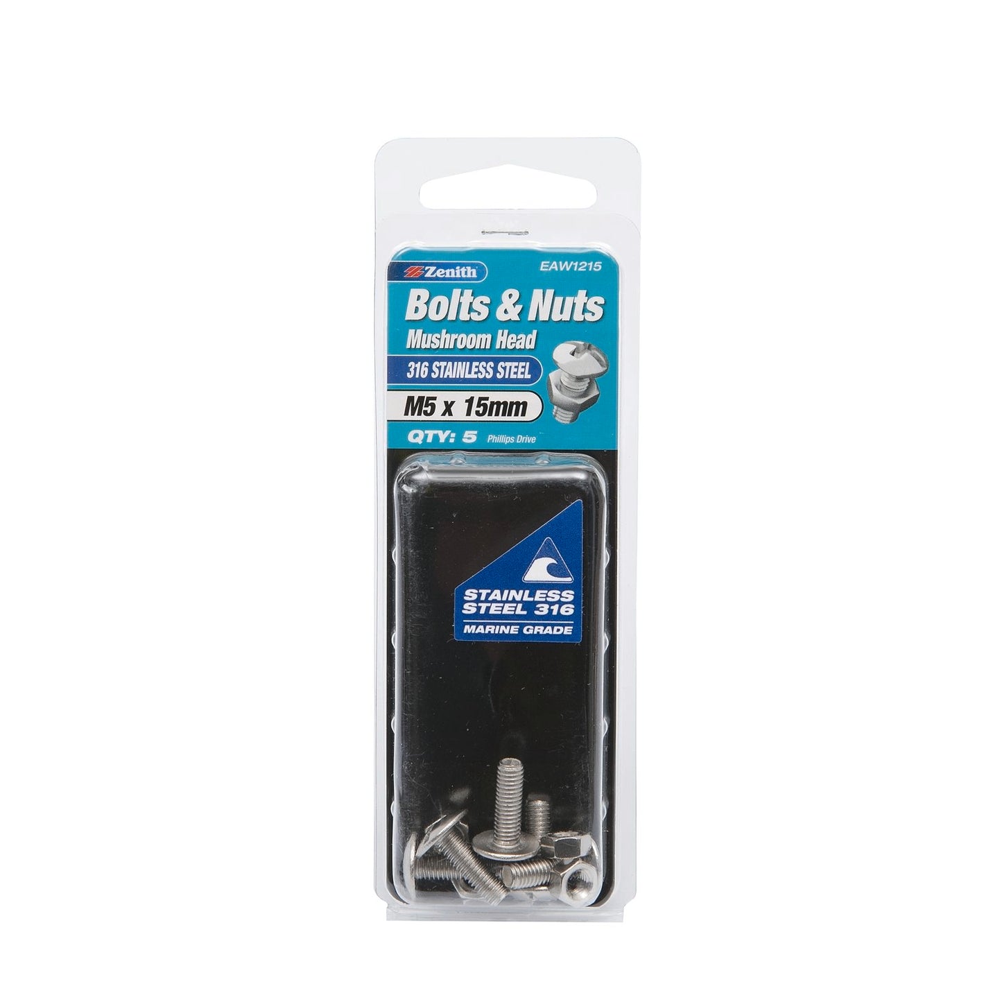 Zenith M5 x 15mm - Stainless Steel Mushroom Head Bolts & Nuts - 5 Pack