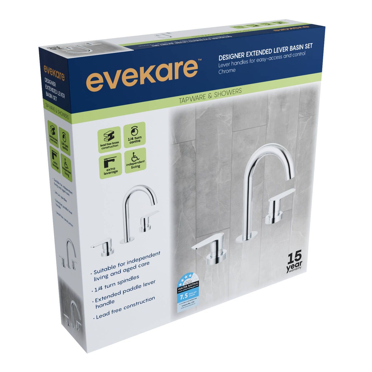 Evekare Chrome 1/4 Turn Extended Lever Basin Set - 245 x 290mm