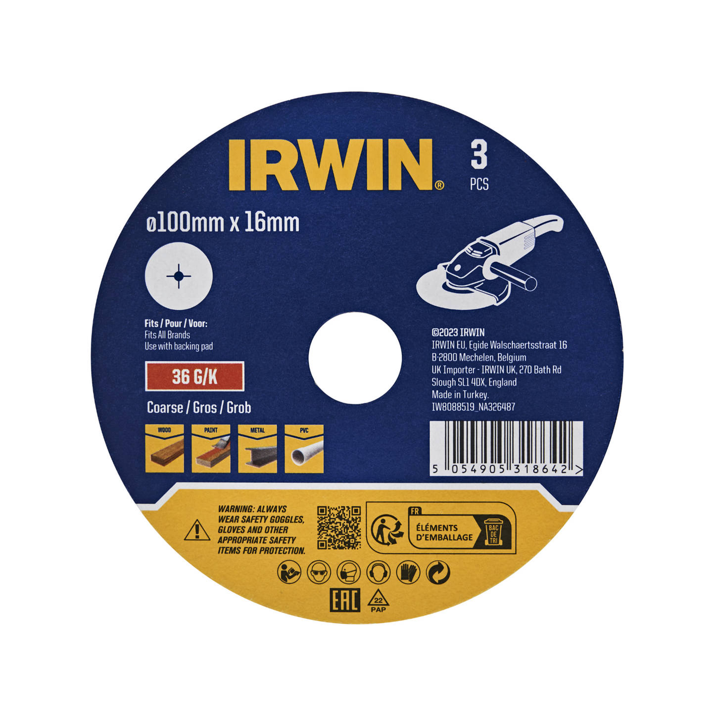 Irwin Fibre Disc - 100 x 16mm - 36 Grit - 3 Pack