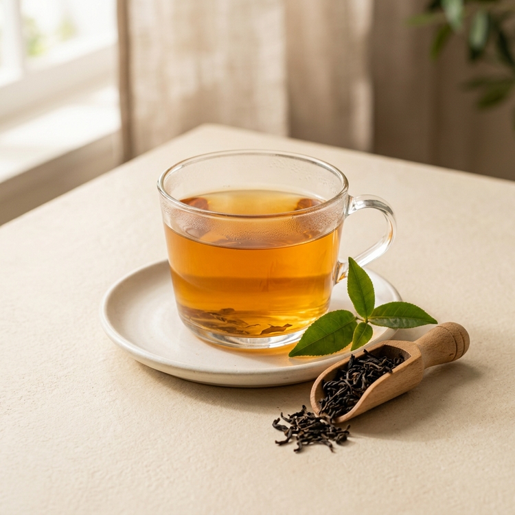 Glass cup of amber tea with loose tea leaves