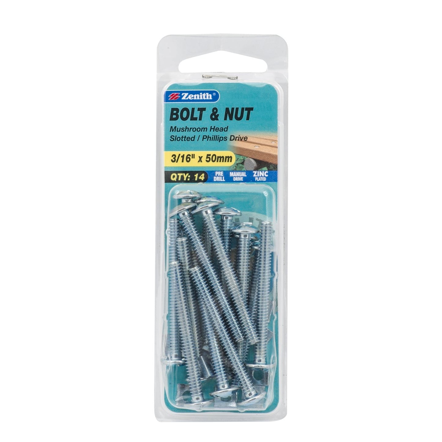 Zenith Mushroom Head Bolt & Nut - 3/16 x 50mm - 14 Pack
