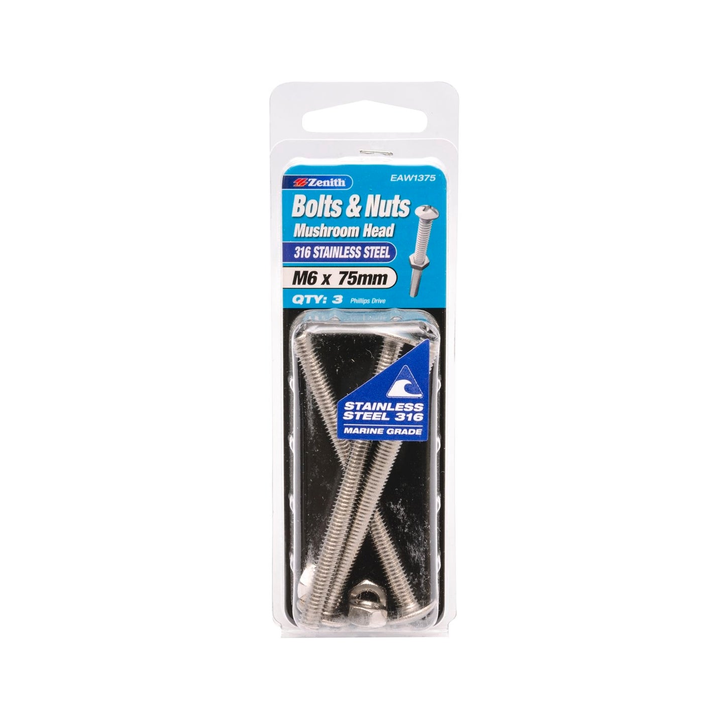 Zenith M6 x 75mm - Stainless Steel Mushroom Head Bolt & Nut - 3 Pack