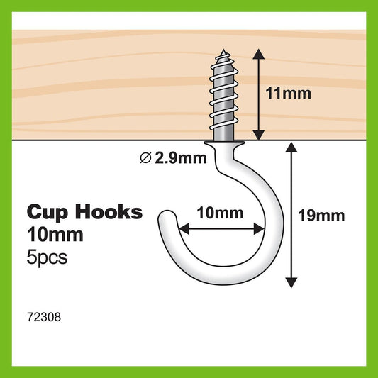 Everhang Cup Hooks - 10mm - PVC Coated - 5 kg Load Rating - 5 Pack