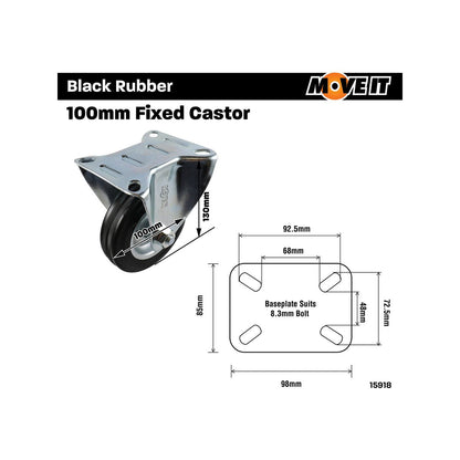 Move It 100mm Black Rubber Fixed Plate Castor 70kg Load Capacity