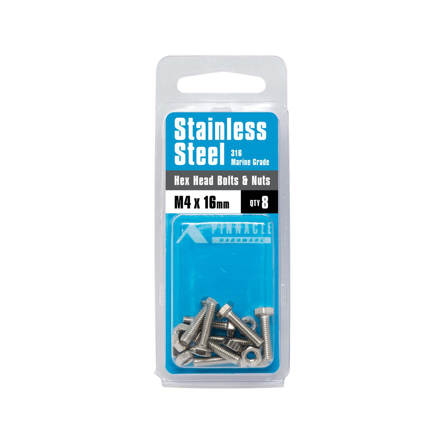 Pinnacle Hex Head Bolts and Nuts - M4 x 16mm - Stainless Steel - 8 Pack