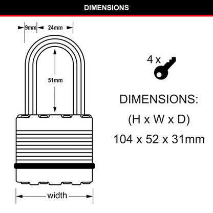 Master Lock Long Shackle Padlock - 50mm - Brass - Laminated Steel - Cut Resistant
