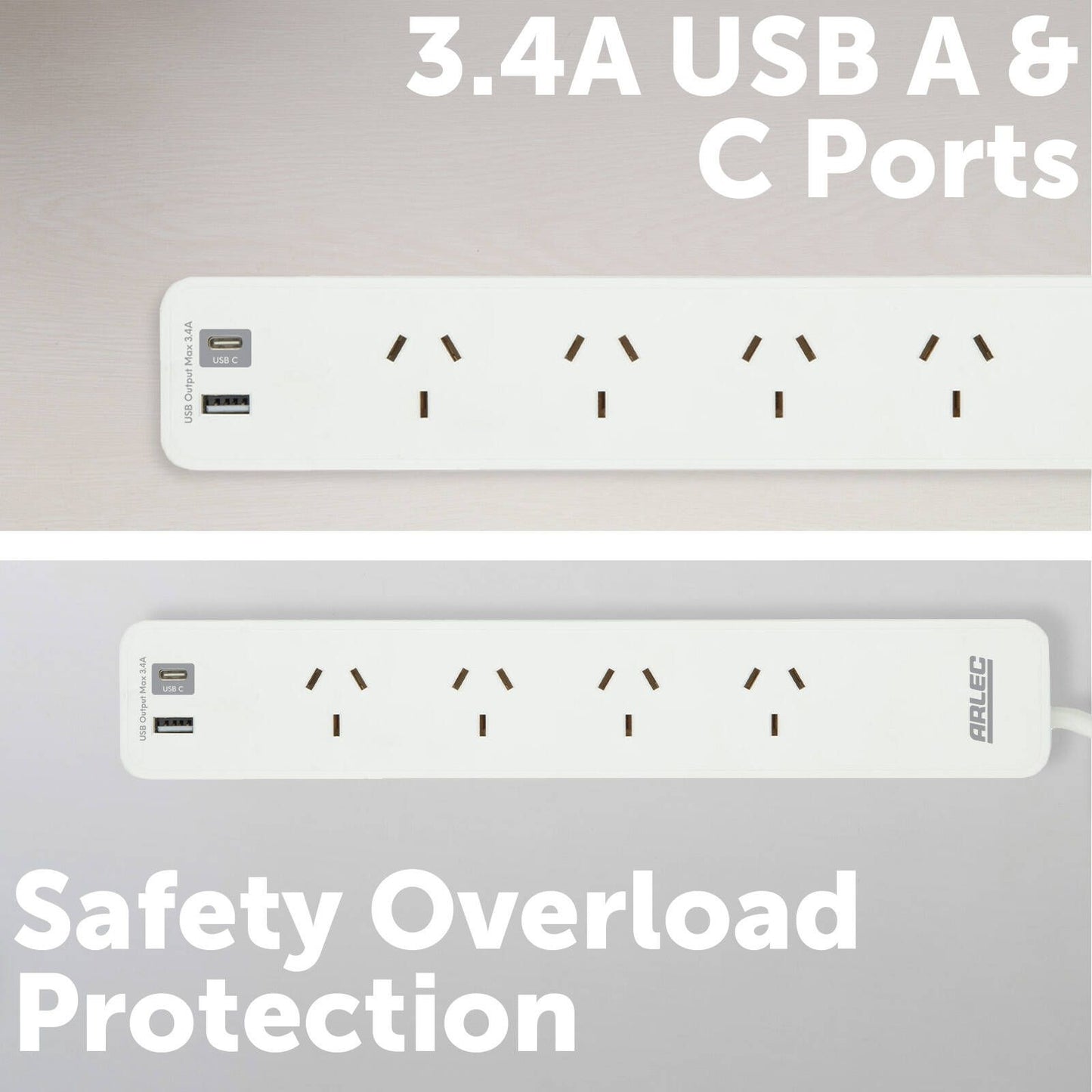 Arlec Powerboard with USB Chargers - 4 Outlet - 290mm - White