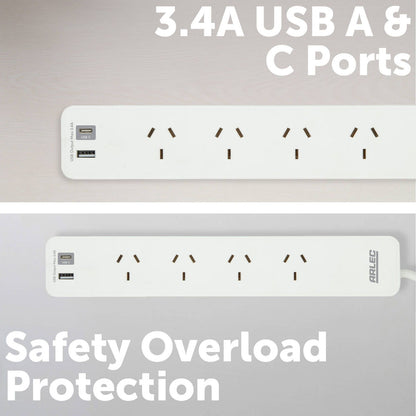 Arlec Powerboard with USB Chargers - 4 Outlet - 290mm - White