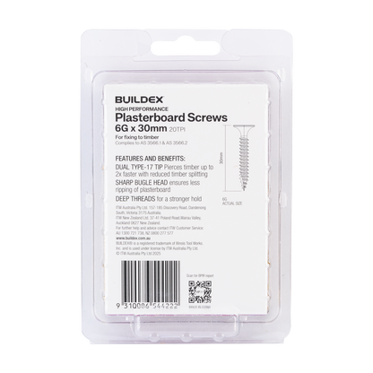 Buildex Plasterboard Screws - 6g x 30mm - Gold - 100 Pack
