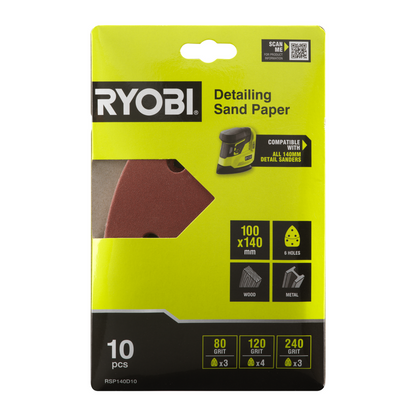 Ryobi Detail Sanding Set - 100 x 140mm - 80/120/240 Grit - 10 Piece