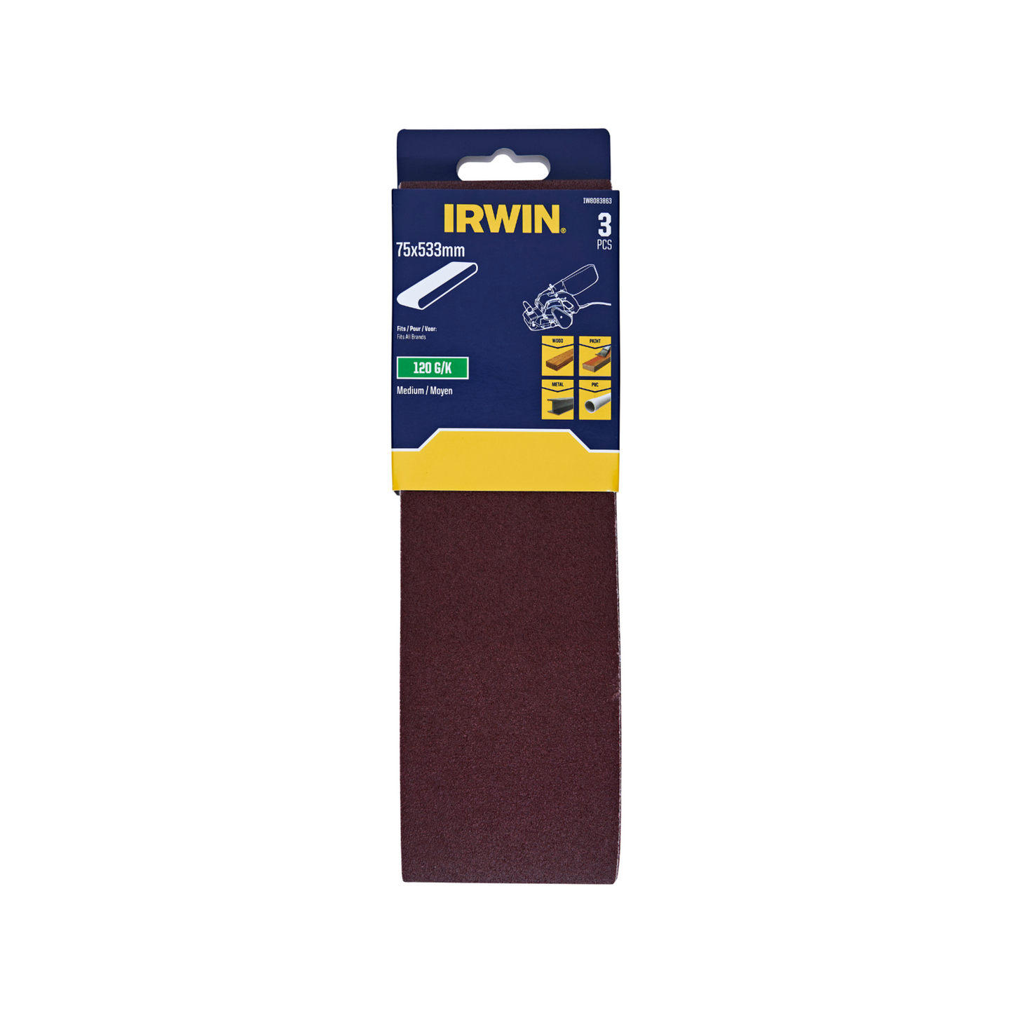 Irwin Sanding Belts - 75 x 533mm - 120 Grit - 3 Pack