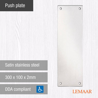 Lemaar Push Plate 300 x 100 x 2mm Satin Stainless Steel DDA Compliant