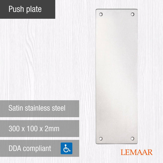 Lemaar Push Plate 300 x 100 x 2mm Satin Stainless Steel DDA Compliant