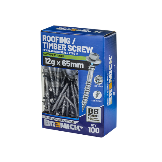 Bremick Hex Roofing Screw - 12g x 65mm - 100 Pack