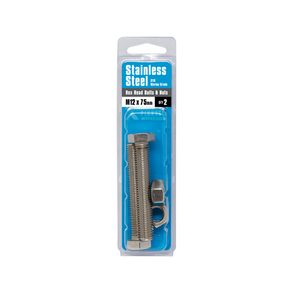 Pinnacle Hex Head Bolts - M12 x 75mm - Stainless Steel - 2 Pack