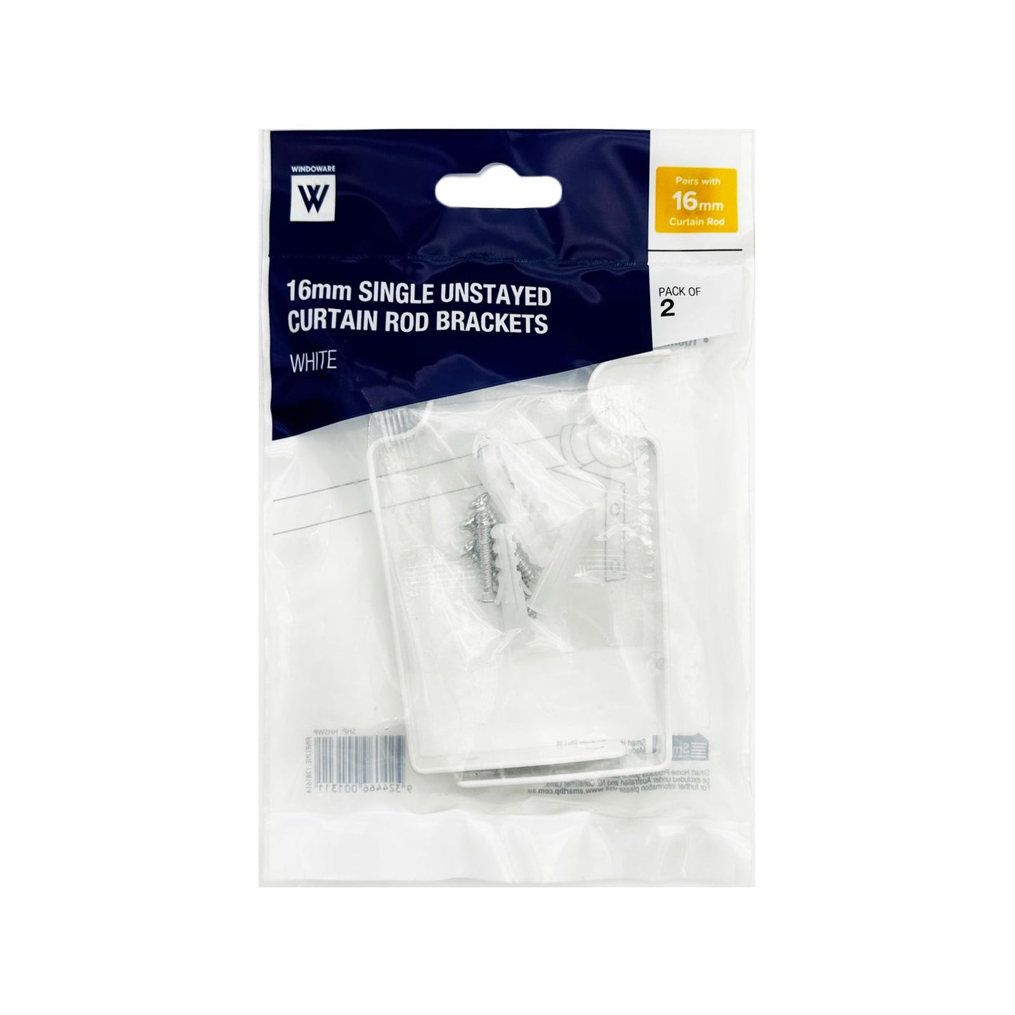 Windoware White Metal Single Curtain Unstayed Bracket - 100mm - 2 Pack